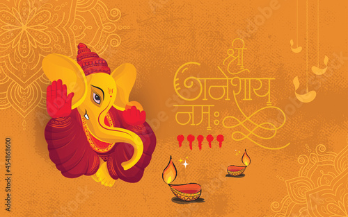 Ganesh Chaturthi Background Template Design with Lord Ganesha Illustration, writing shree ganeshaya namah in hindi