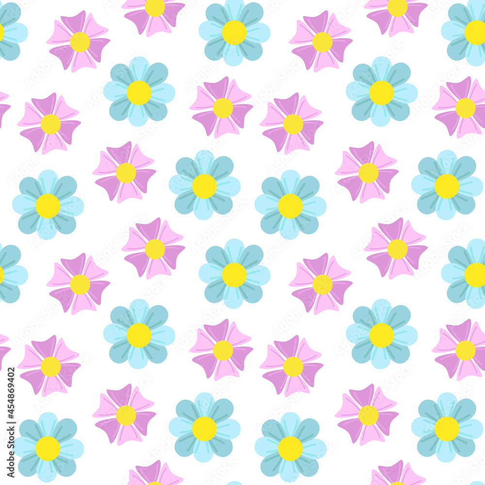 Seamless pattern. Flowers pink, blue, on a white background. Design for textiles, books, postcards, notebooks, vep sites. Print on fabric. Ecology concept, eco-products.