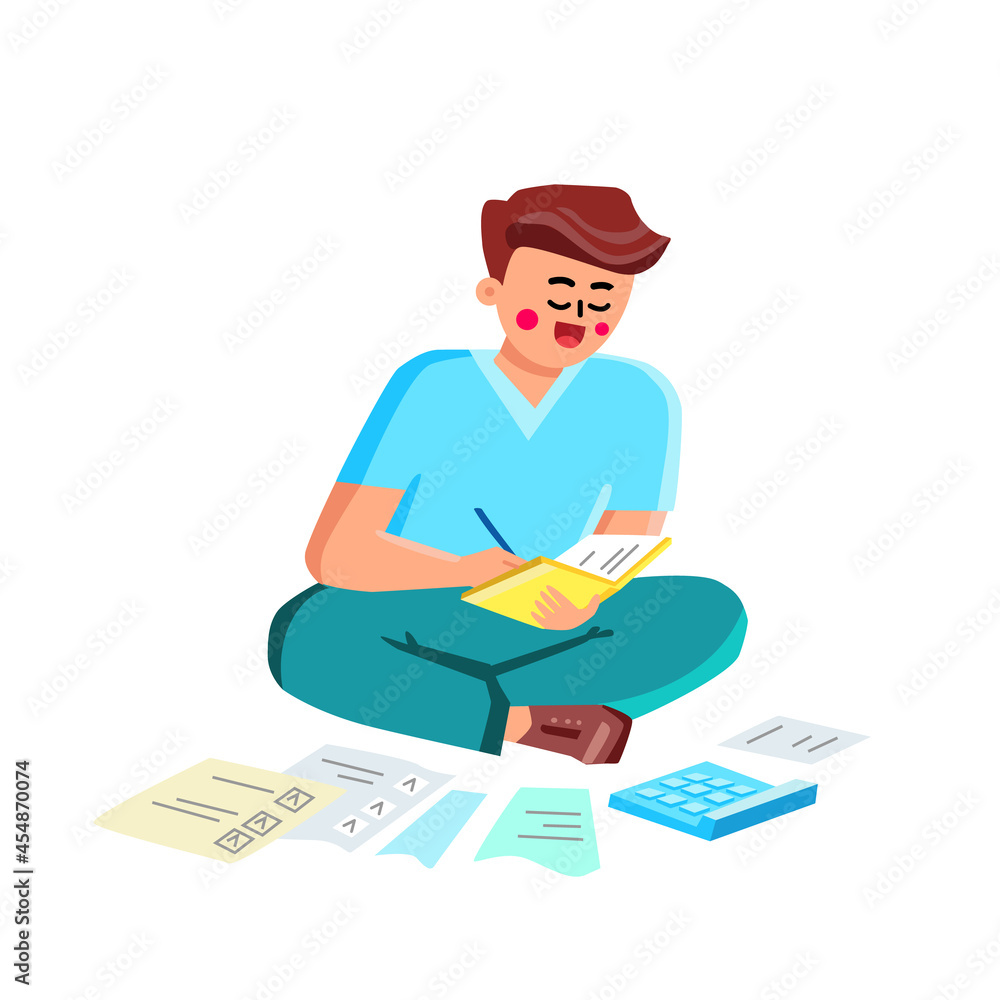 Debt Business Report Researching Young Man Vector. Boy Trying To Find Money To Pay Credit Card Debt. Character Businessman Financial Accounting Occupation Flat Cartoon Illustration