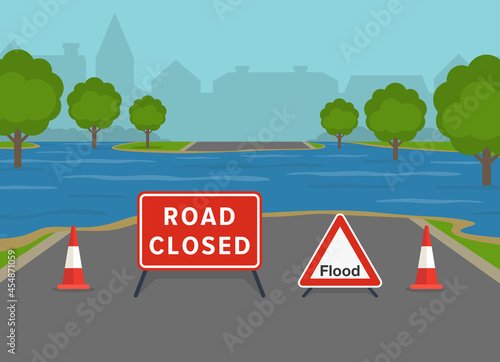 Flooded city road with warning sign and cones. British closed road sign. Flat vector illustration template.