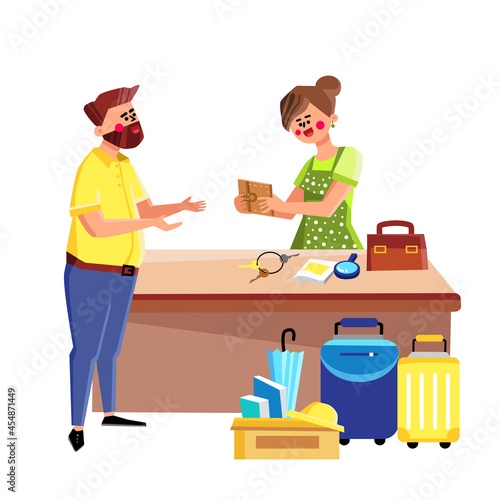 People In Lost And Found Service In Airport Vector. Man Searching Baggage In Lost And Found Service, Woman Office Worker Returning Wallet. Characters Finding Luggage Flat Cartoon Illustration © sevector