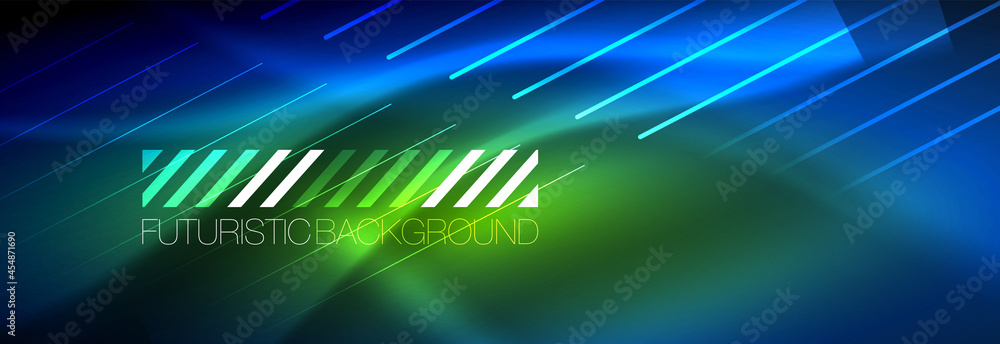 Neon glowing lines, magic energy and light motion background. Vector wallpaper template Neon glowing lines, magic energy and light motion background. Vector wallpaper template