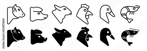 Livestock icon set. Farm animal icons set. Butchery meat shop sign illustration.