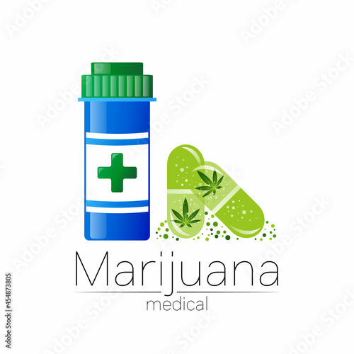 Medical cannabis symbol in vector. Logotype for marijuana, nature herbal medicine, therapy, doctors and store, business. Isolated on white background. Blue and green color. Pill and tablet health care