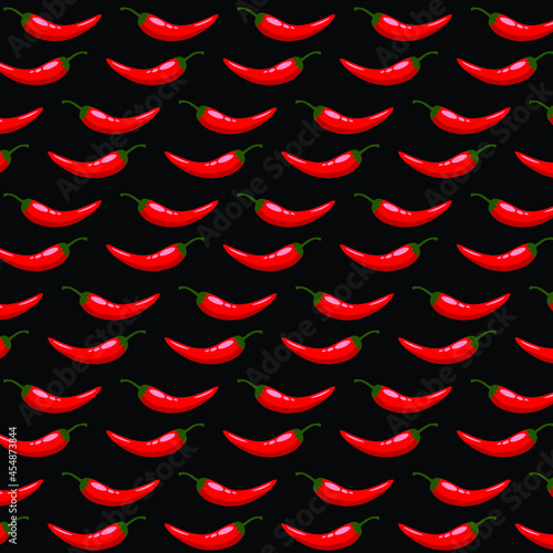 Red hot chilli peppers on black background,seamless vector pattern.Hot spicy red chili pepper pattern. Organic spices for mexican or asian dishes. Chilli paper red spicy hot taste and flavor symbol. 