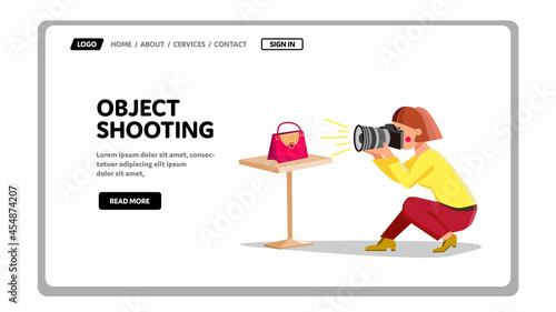 Object Shooting Photographer With Camera Vector. Handle Bag Object Shooting Woman On Photo Digital Device. Character Woman Photographing Fashion Accessory Web Flat Cartoon Illustration