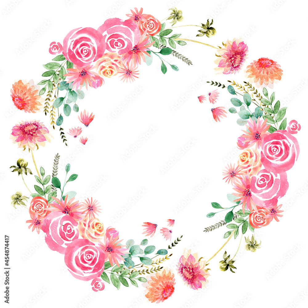 Watercolor wreath with flowers, festive bouquets and individual elements of bouquets