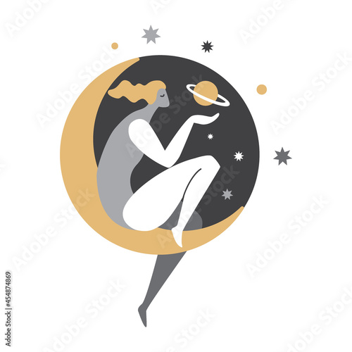 The silhouette of a woman on the moon against the sky. Astrology, logo, sign.