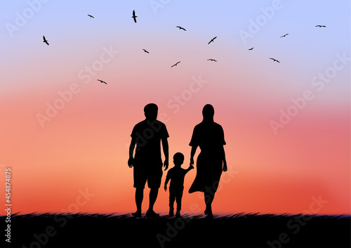 father mother and son with look twilight silhouette of nature after  sunset on the background vector illustration