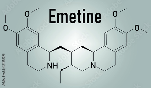 Emetine molecule. Has emetic (induces vomiting) and anti-protozoal properties. Skeletal formula.