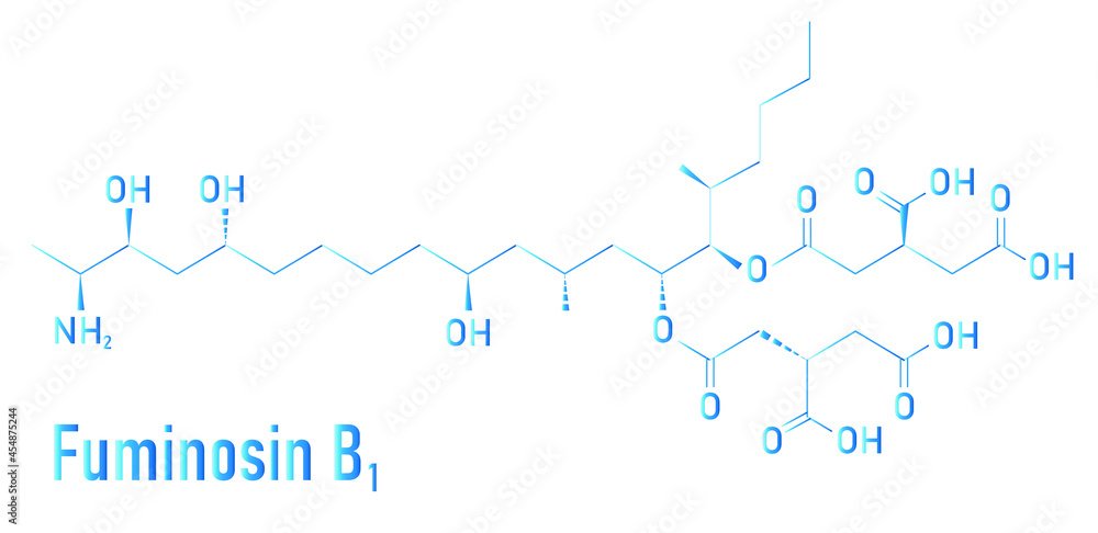 Fumonisin B1 mycotoxin molecule. Fungal toxin produced by some Fusarium molds, often present in corn and other cereals. Skeletal formula.