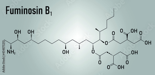 Fumonisin B1 mycotoxin molecule. Fungal toxin produced by some Fusarium molds, often present in corn and other cereals. Skeletal formula.