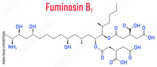 Fumonisin B1 mycotoxin molecule. Fungal toxin produced by some Fusarium molds, often present in corn and other cereals. Skeletal formula.