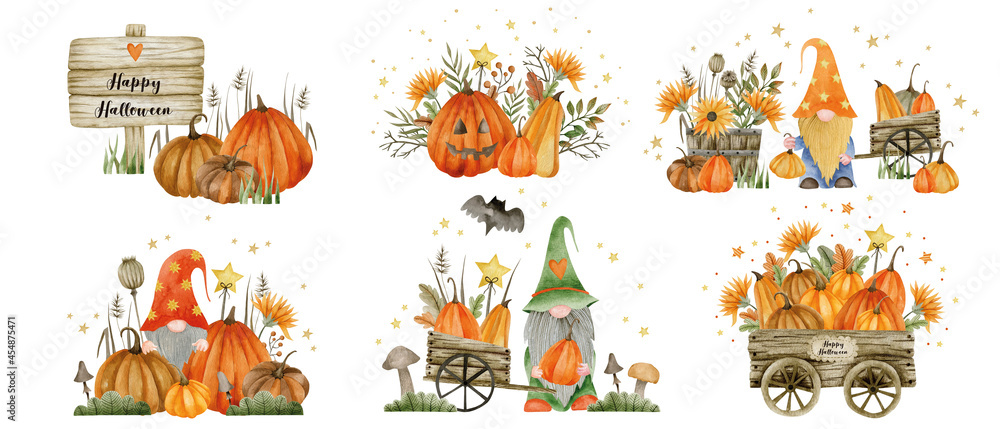 Watercolor set gnomes, pumpkins, happy halloween holiday, hello autumn, isolated elements on a white background.