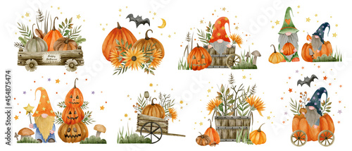Watercolor set gnomes, pumpkins, happy halloween holiday, hello autumn, isolated elements on a white background.