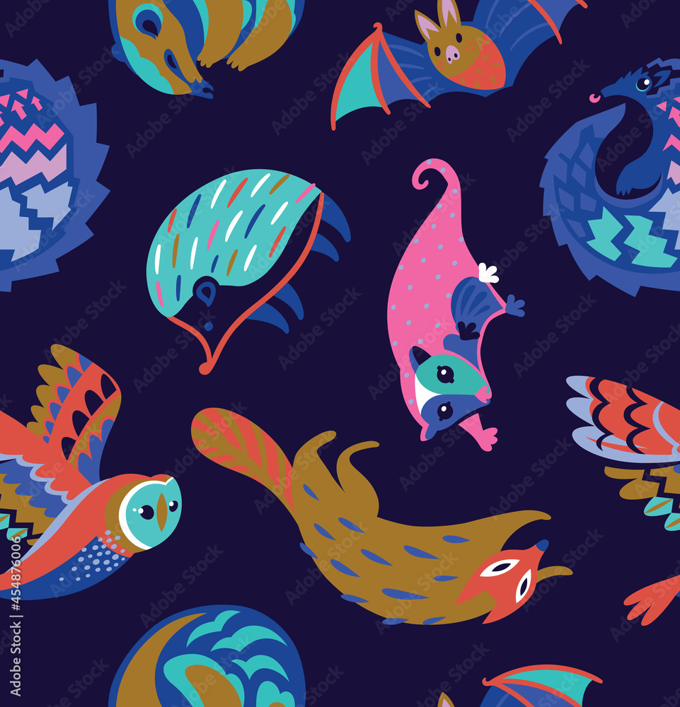 Fototapeta premium Seamless pattern with nocturnal animals. Vector illustration