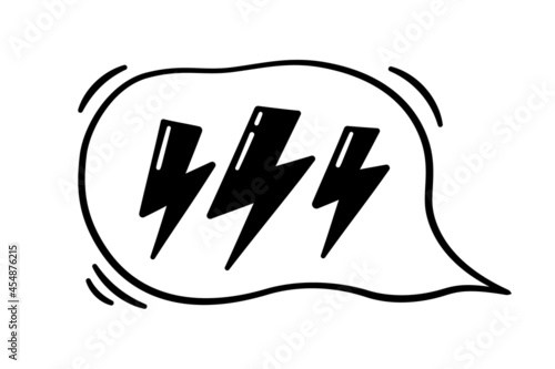 Hand drawn speech bubble with lightning. Vector illustration isolated in doodle style on white background.