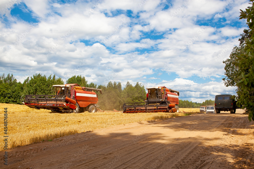 Fototapeta premium Combine harvesters in the field for harvesting wheat.