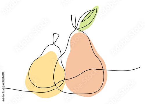 One line pear with leaf. Fruit sketch. Vector illustration. Vegan food