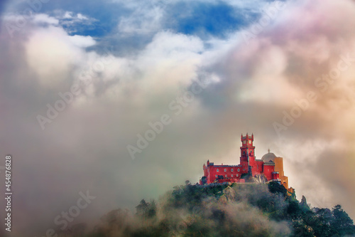 Pena National Palace  Sintra  Portugal  Partly Covered in Afternoon Fog after Rain