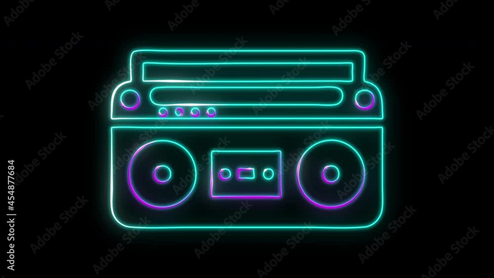 Party retro design stereo radio recorder and cassette player, with animated neon lights and speakers, on a black background. Seamless loop 4K Party retro design stereo radio recorder and cassette player, with animated neon lights and speakers, on a black background. Seamless loop 4K