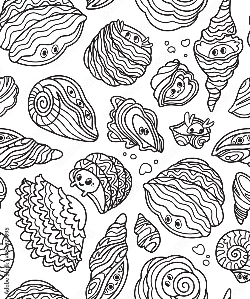 Black and white cute kawaii seashells seamless pattern. Black and white cute kawaii seashells seamless pattern.