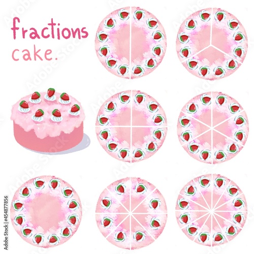 set of cake Strawberry shaped fractions Hand Drawn colorful