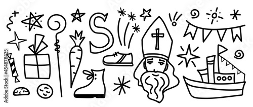 Vector set for decoration St. Nicholas Day, traditional Belgian, Dutch holiday. Sinterklaas, miter, shoes, carrot, candy, gift, cookies.