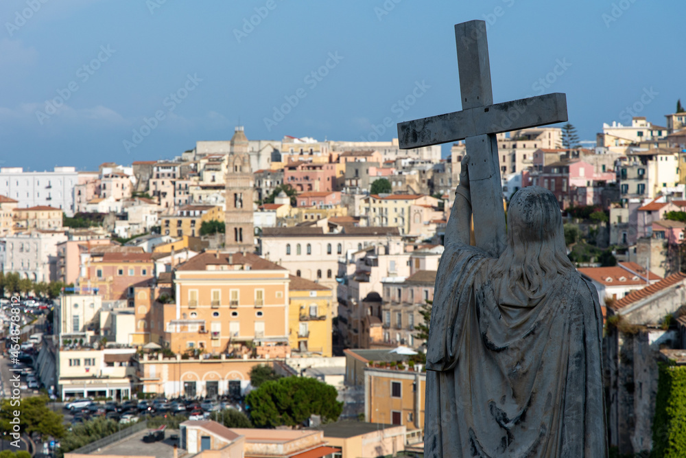 Cityscape of Gaeta town. Statue of St. Francesco