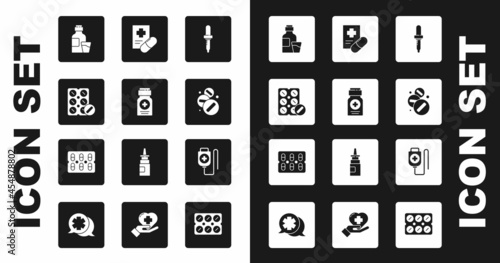 Set Pipette, Medicine bottle, Pills blister pack, Bottle of medicine syrup, pill or tablet, Medical prescription, IV bag and icon. Vector