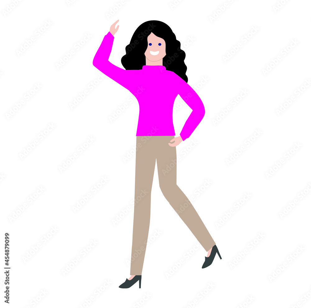 Flat design in the style of illustration. A young girl walks and smiles isolated on a white background. Flat design in the style of illustration. A young girl walks and smiles isolated on a white background.
