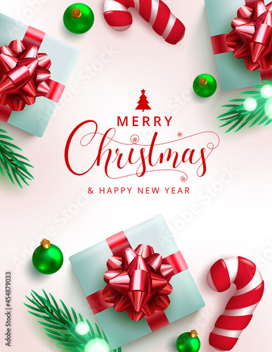 Merry christmas vector background design. Merry christmas and happy new year text with candy cane and gifts xmas elements for holiday season greeting card. Vector illustration.
