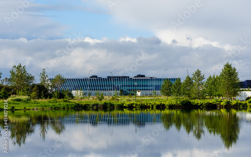Askja, a building in the university area in Reykjavik. The city center pond is in the foreground.