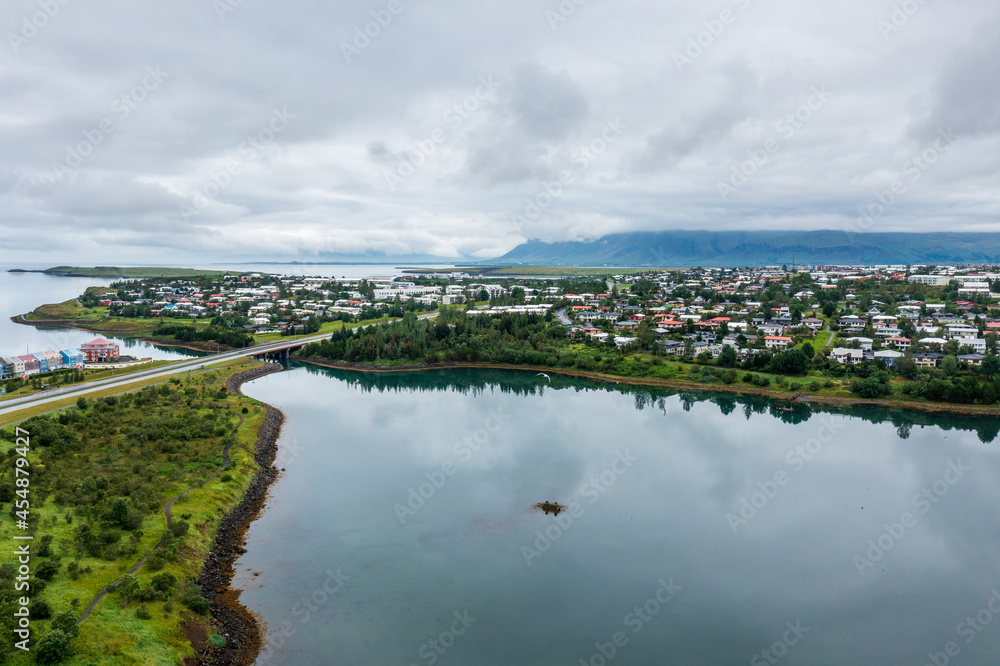 Aerial view over Gravarvogur bay and residential neighborhood in Reykjavik