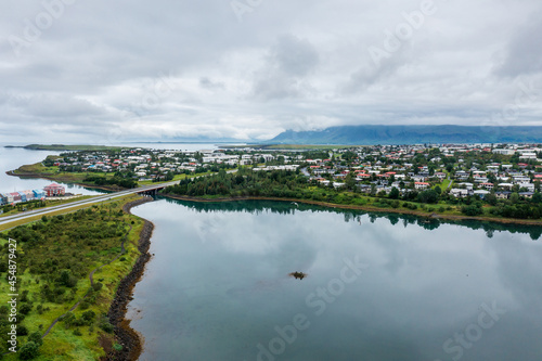 Aerial view over Gravarvogur bay and residential neighborhood in Reykjavik