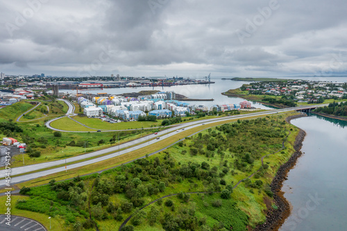 Aerial view over Gravarvogur bay and residential neighborhood in Reykjavik
