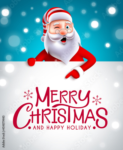 Christmas santa greeting vector template design. Merry christmas text in white message space with santa claus character peeking and pointing for xmas card. Vector illustration.
