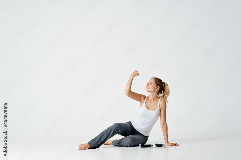 sportive woman dumbbell exercise muscle energy isolated background sportive woman dumbbell exercise muscle energy isolated background
