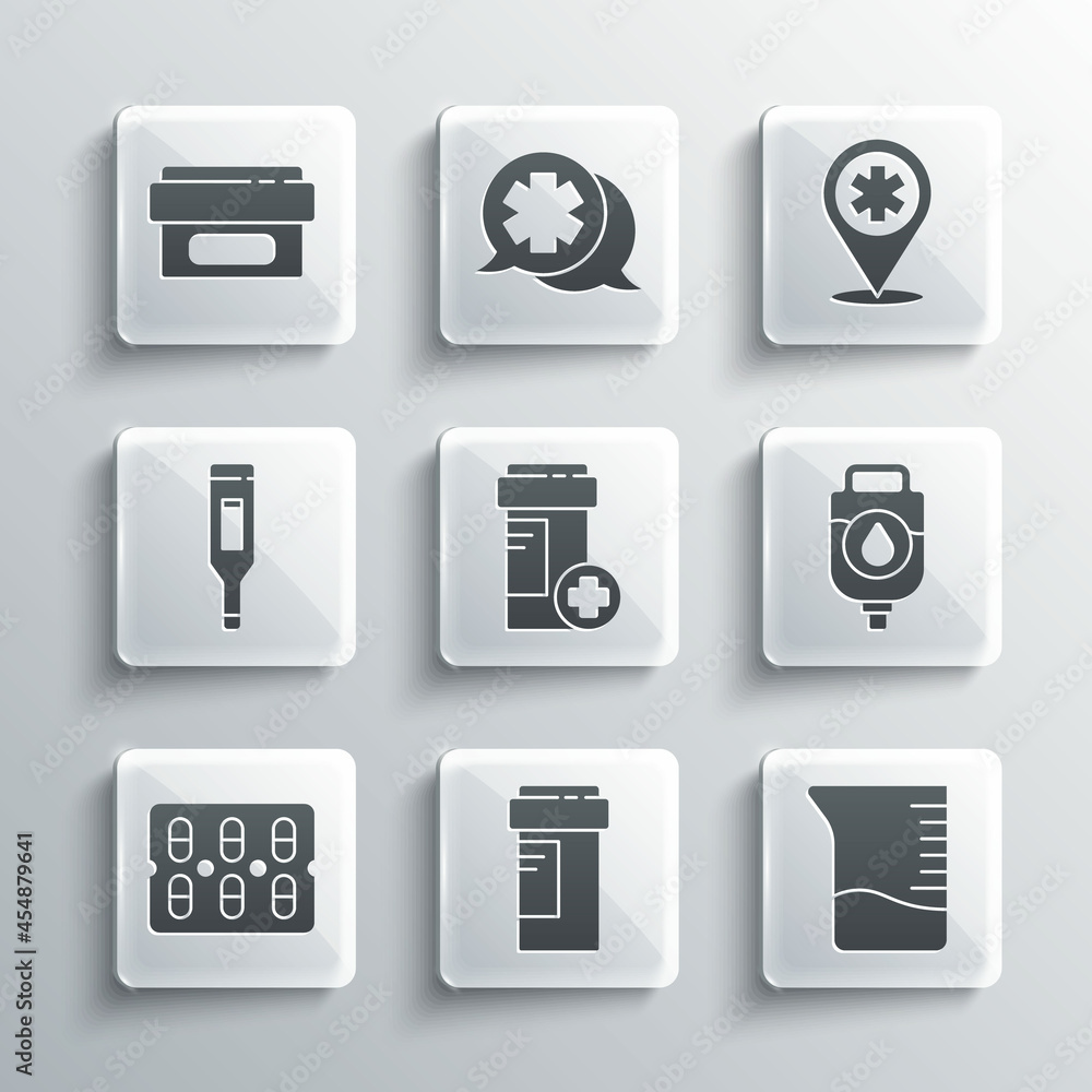 Set Medicine bottle, Measuring cup, IV bag, Pills blister pack, Medical digital thermometer, Ointment cream tube medicine and Map pointer with cross hospital icon. Vector Set Medicine bottle, Measuring cup, IV bag, Pills blister pack, Medical digital thermometer, Ointment cream tube medicine and Map pointer with cross hospital icon. Vector