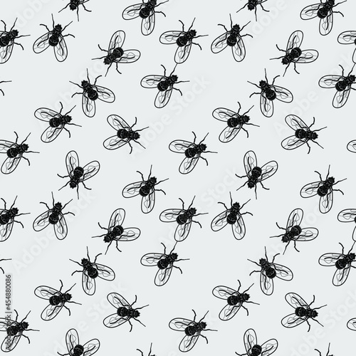 seamless background. flies. hand-drawn black and white illustration.