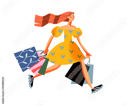 Girl running with shopping bags to buy on black friday retail sales, holding present