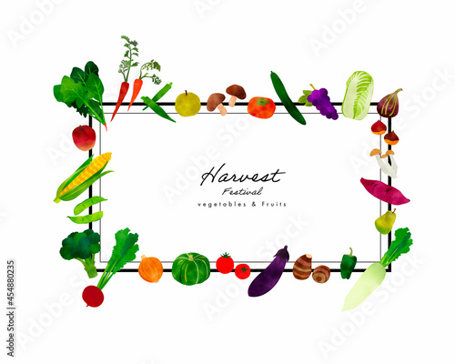 カラフルな水彩にじみのある野菜イラストのフレーム