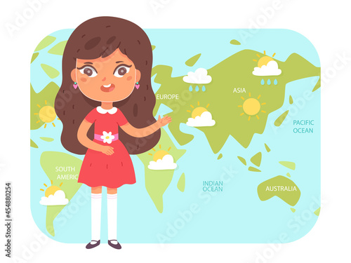 Weather forecast on tv news with kid meteorologist, , meteorology television channel