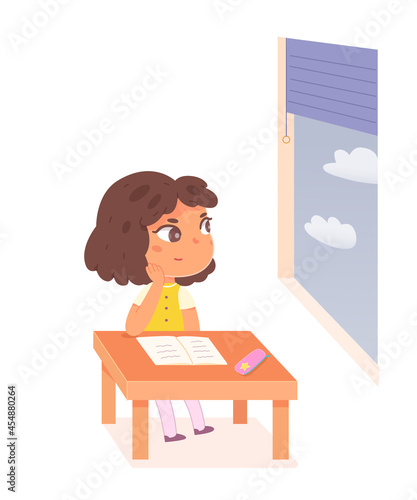 School child looking out window, bored girl pupil of elementary school sitting at table