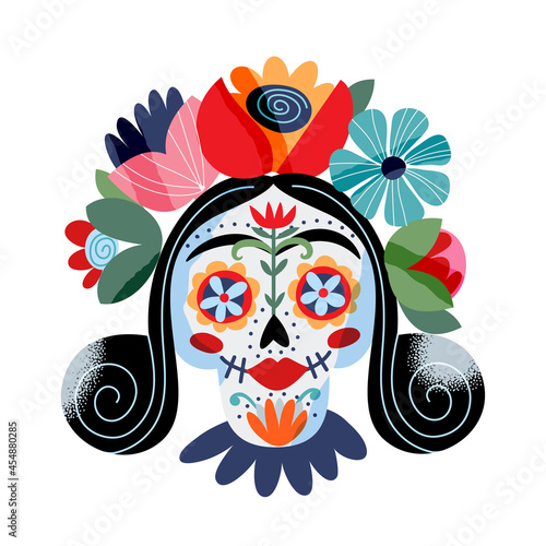 Portrait Catrina La Calavera vector illustration. Festive skeleton female face Dia de los muertos