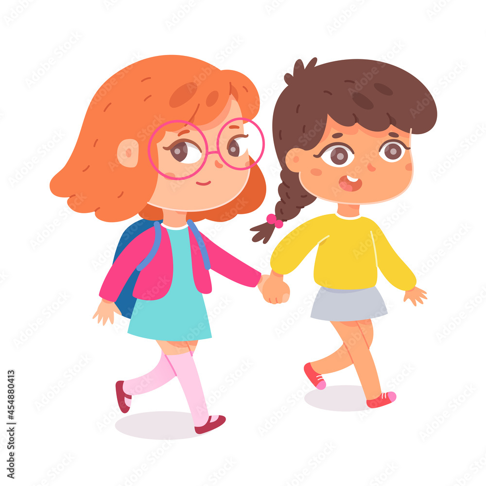 Cute girls walking together, friends holding hands, kid schoolgirl characters walk