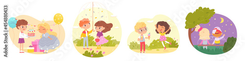 Children friendship set. Boy and girl happy together  doing fun activities vector illustration. Giving birthday cake  holding umbrella  eating ice cream  looking at night sky