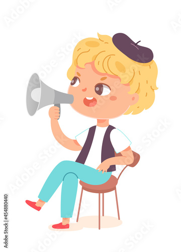Kid film director, movie cinema production, boy filmmaker sitting in chair with megaphone