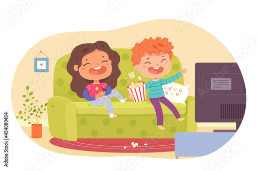 Kids watching movies on tv at home. Little boy and girl watch film on television, sitting on couch and laughing vector illustration. Leisure and entertainment in childhood
