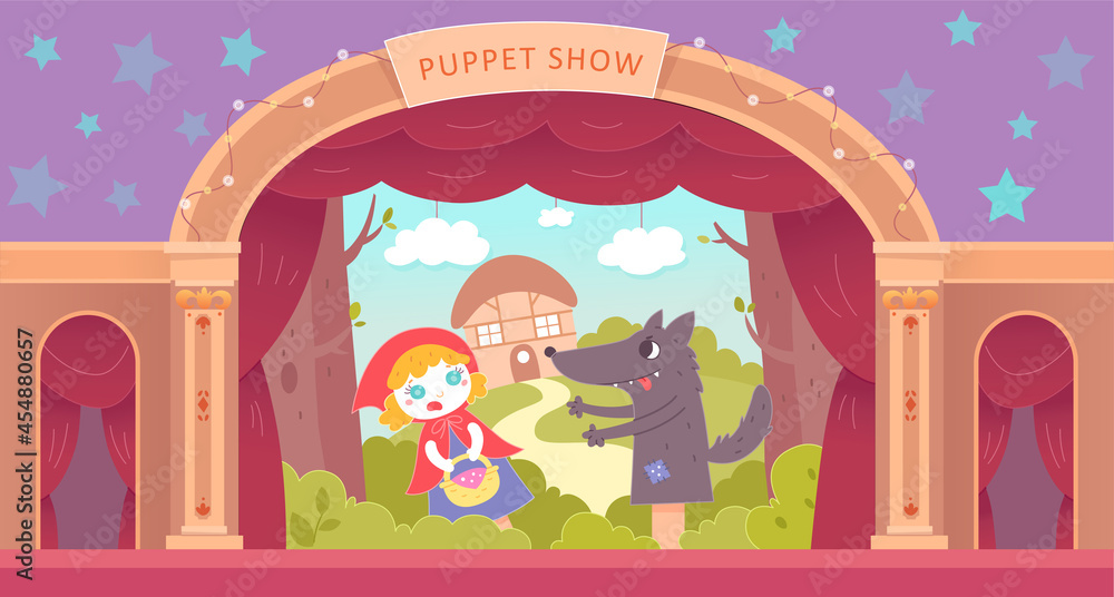 Naklejka premium Puppet show on theater stage vector illustration. Cartoon puppet show with hand doll, entertainment performance background.